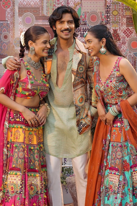 Buy Ankur J Green Silk Embroidery, Sequins Designer Multi Dola Kurta Blazer Pant Set Buy_Ankur J_Green Silk Embroidery, Sequins Designer Multi Dola Kurta Blazer Pant Set