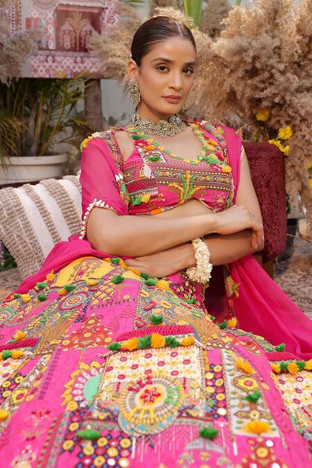 Ankur J_Pink Georgette, Silk Beads, Sequins V-neck Designer And Yellow Cape Lehenga Set _Online_at_Aza_Fashions