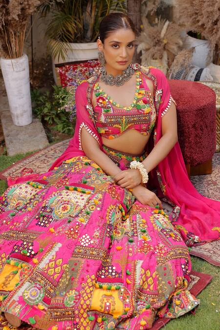 Buy_Ankur J_Pink Georgette, Silk Beads, Sequins V-neck Designer And Yellow Cape Lehenga Set _Online_at_Aza_Fashions