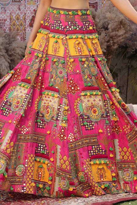 Shop_Ankur J_Pink Georgette, Silk Beads, Sequins V-neck Designer And Yellow Cape Lehenga Set _Online_at_Aza_Fashions