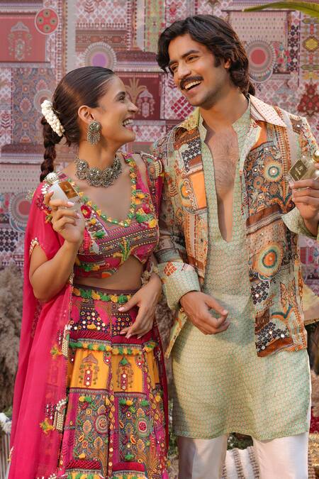 Buy_Ankur J_Pink Georgette, Silk Beads, Sequins V-neck Designer And Yellow Cape Lehenga Set 