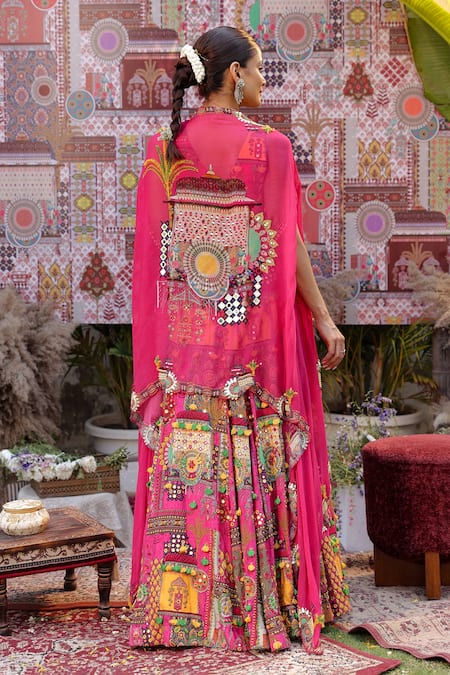Ankur J Designer Pink & Yellow Cape Lehenga Set 