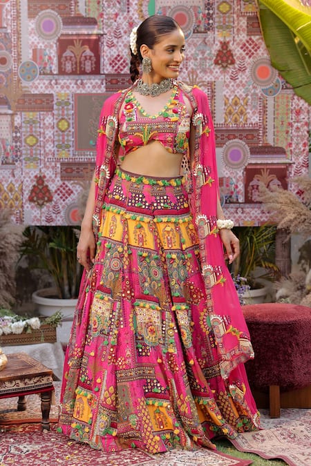 Ankur J Designer Pink & Yellow Cape Lehenga Set 