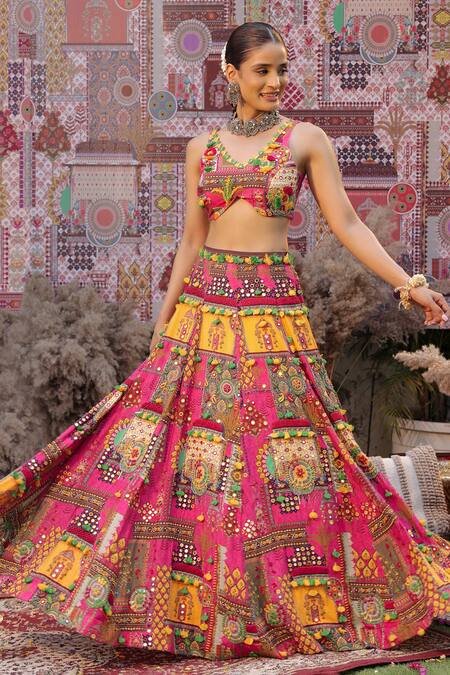 Shop_Ankur J_Pink Georgette, Silk Beads, Sequins V-neck Designer And Yellow Cape Lehenga Set 