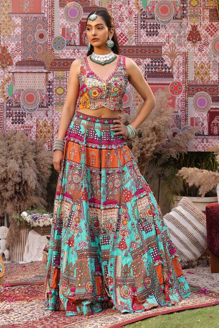 Buy_Ankur J_Multi Color Georgette, Silk Sequins, Mirrors, Beads Embroidered Cape Lehenga Set 