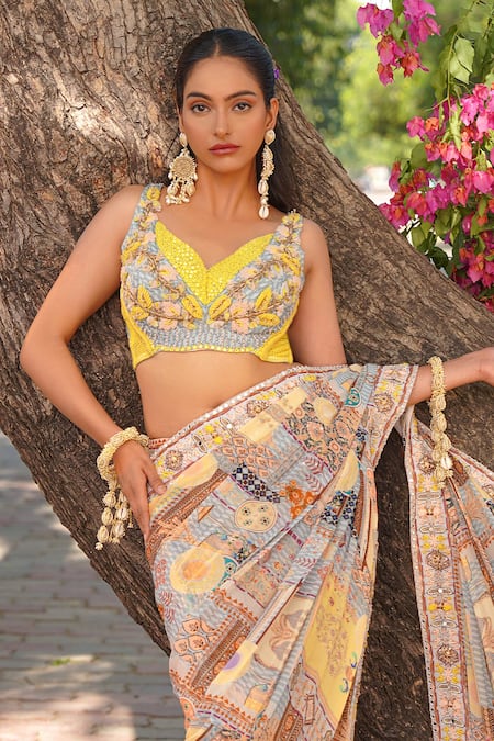 Ankur J_Multi Color Georgette Sequins, Embroidery V-neck Print Pre-draped Saree And Blouse _Online_at_Aza_Fashions