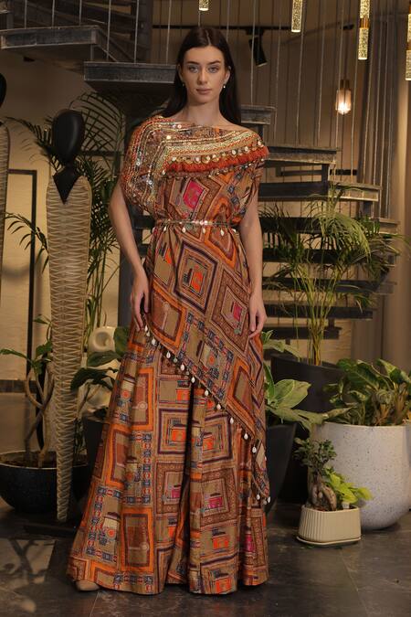 Ankur J_Multi Color Silk Beads, Sequins Off-shoulder Dola Designer Kaftan And Pant Set _Online_at_Aza_Fashions