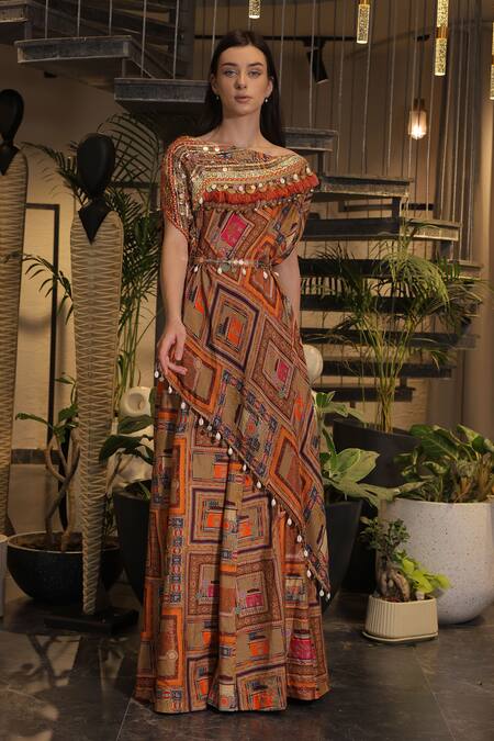 Buy_Ankur J_Multi Color Silk Beads, Sequins Off-shoulder Dola Designer Kaftan And Pant Set _Online_at_Aza_Fashions