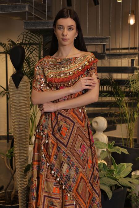 Shop_Ankur J_Multi Color Silk Beads, Sequins Off-shoulder Dola Designer Kaftan And Pant Set _Online_at_Aza_Fashions