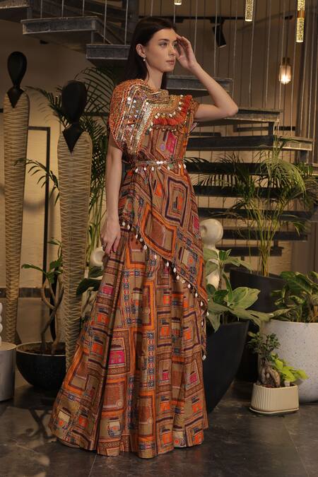 Ankur J_Multi Color Silk Beads, Sequins Off-shoulder Dola Designer Kaftan And Pant Set _at_Aza_Fashions