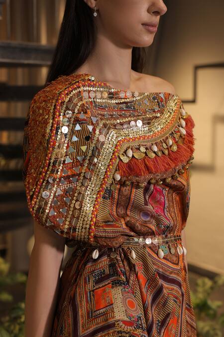 Buy_Ankur J_Multi Color Silk Beads, Sequins Off-shoulder Dola Designer Kaftan And Pant Set 