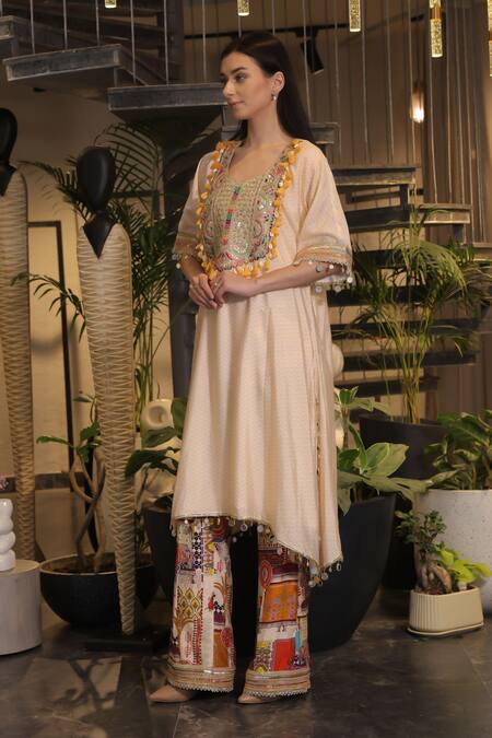 Shop_Ankur J_Peach Embroidery Round Neck Kaftan And Pant Set _Online_at_Aza_Fashions