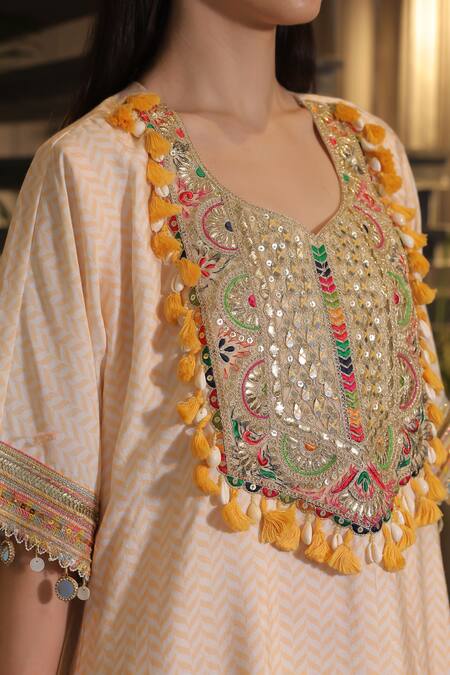 Shop_Ankur J_Peach Embroidery Round Neck Kaftan And Pant Set 