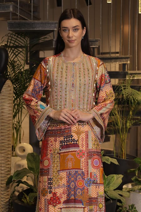 Ankur J_Multi Color Silk Sequins, Beads Round Neck Embroidered Kurta Pant Set _Online_at_Aza_Fashions