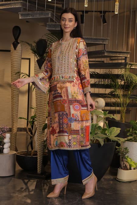 Buy_Ankur J_Multi Color Silk Sequins, Beads Round Neck Embroidered Kurta Pant Set _Online_at_Aza_Fashions