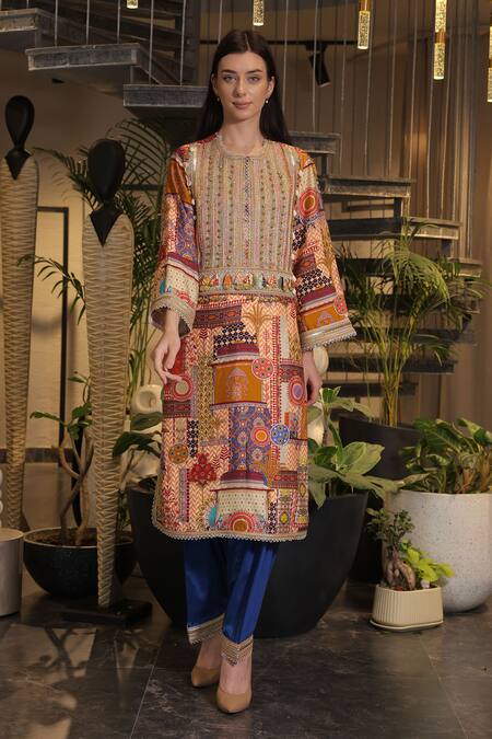 Shop_Ankur J_Multi Color Silk Sequins, Beads Round Neck Embroidered Kurta Pant Set _Online_at_Aza_Fashions