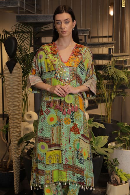 Ankur J_Multi Color Silk Tassels, Embroidery V-neck Designer Kaftan And Pant Set _Online_at_Aza_Fashions