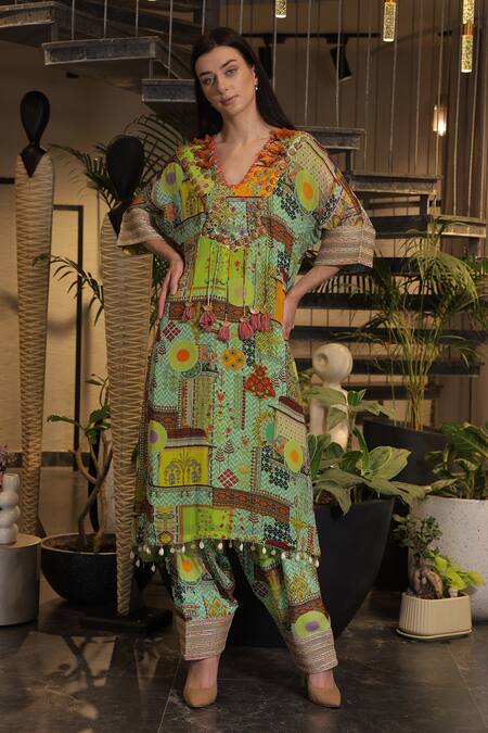 Buy_Ankur J_Multi Color Silk Tassels, Embroidery V-neck Designer Kaftan And Pant Set _Online_at_Aza_Fashions