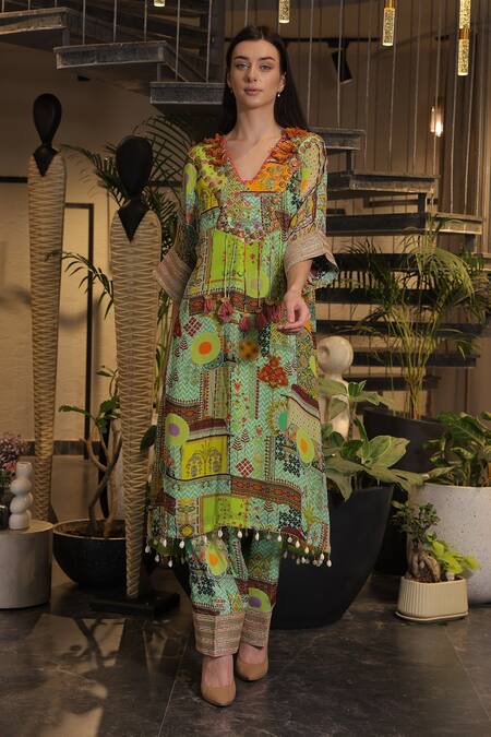 Shop_Ankur J_Multi Color Silk Tassels, Embroidery V-neck Designer Kaftan And Pant Set _Online_at_Aza_Fashions