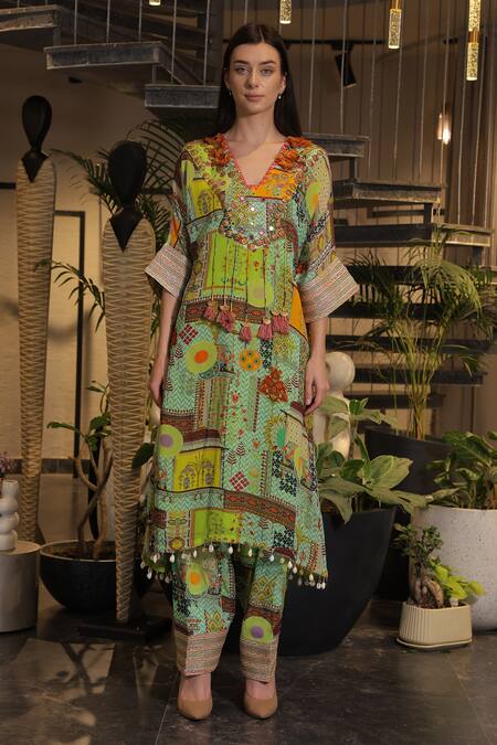 Ankur J_Multi Color Silk Tassels, Embroidery V-neck Designer Kaftan And Pant Set _at_Aza_Fashions