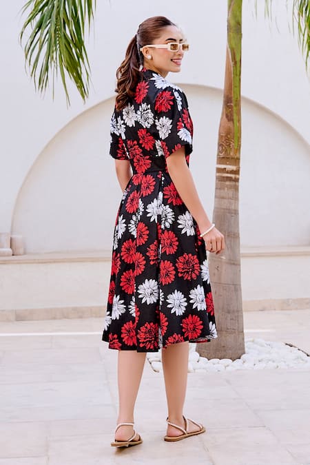 House Of Fett_Black Poplin Collared Floral Print Designer Dress_Online_at_Aza_Fashions