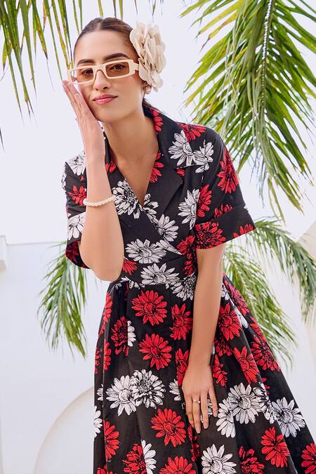 Shop_House Of Fett_Black Poplin Collared Floral Print Designer Dress_Online_at_Aza_Fashions