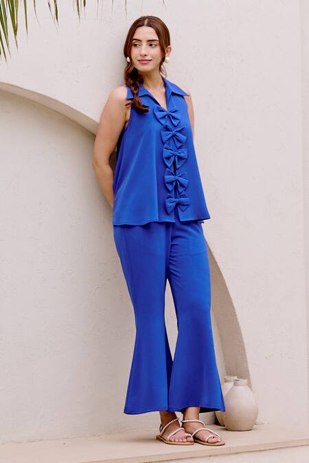 House Of Fett_Blue Satin Bows Collared Bell Co-ord Set _Online_at_Aza_Fashions