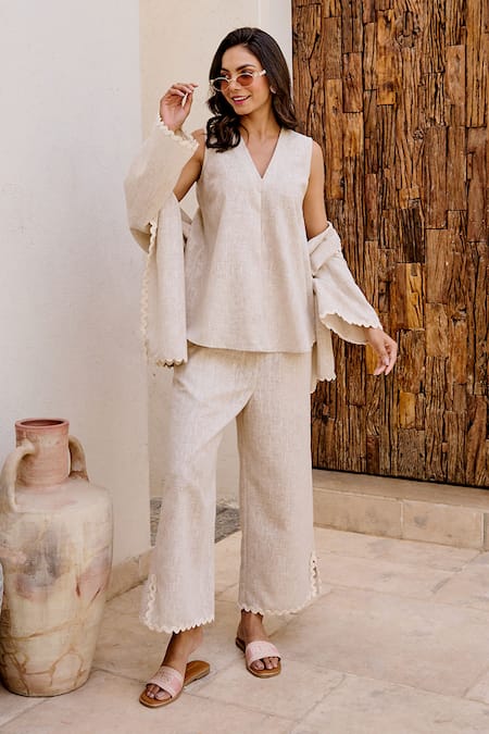 Shop_House Of Fett_Ivory Linen V-neck Chiba Co-ord Set _Online_at_Aza_Fashions