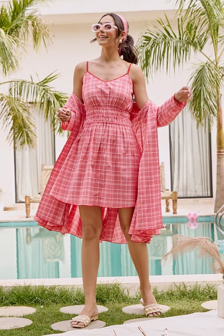 House Of Fett Pink Cotton Collared Crimson Crush Dress And Jacket Set 