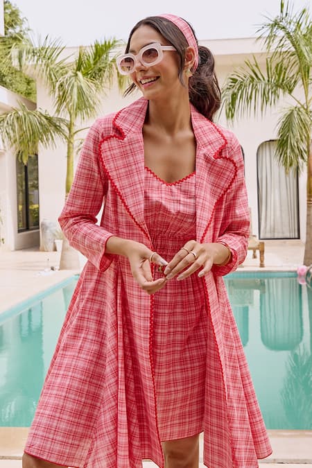 Shop House Of Fett Pink Cotton Collared Crimson Crush Dress And Jacket Set Online at Aza Fashions Shop_House Of Fett_Pink Cotton Collared Crimson Crush Dress And Jacket Set _Online_at_Aza_Fashions