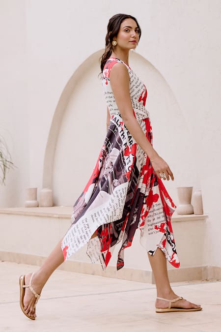 House Of Fett_White Viscose, Cotton V-neck Daily Wrap Asymmetric Dress_Online_at_Aza_Fashions