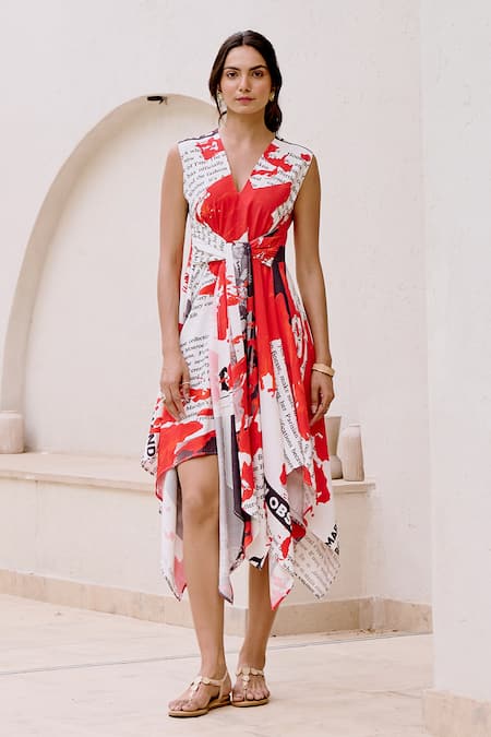 Buy_House Of Fett_White Viscose, Cotton V-neck Daily Wrap Asymmetric Dress_Online_at_Aza_Fashions