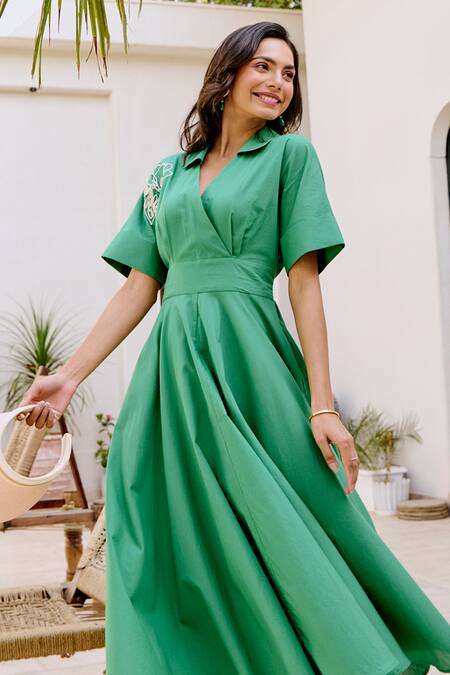 House Of Fett_Green Viscose Embroidery Collared A-line Dress_Online_at_Aza_Fashions