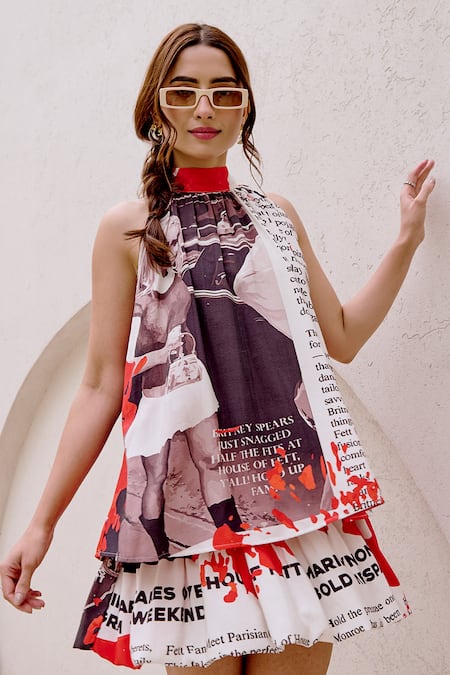 Buy_House Of Fett_White Viscose, Cotton Halter Neck Headliner Dress _Online_at_Aza_Fashions