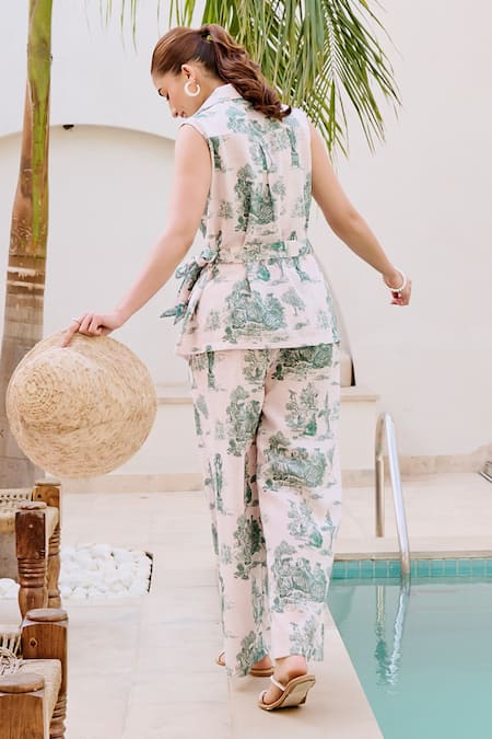 House Of Fett Ivory Green Print Designer Co-ord Set 
