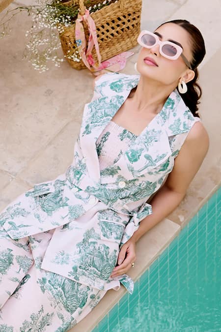 House Of Fett_Ivory Linen Collared Green Print Designer Co-ord Set _Online_at_Aza_Fashions