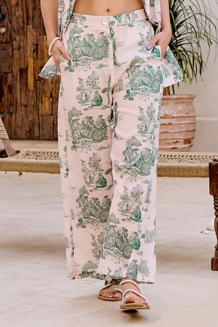 Shop_House Of Fett_Ivory Linen Collared Green Print Designer Co-ord Set _Online_at_Aza_Fashions