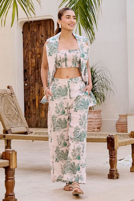 House Of Fett_Ivory Linen Collared Green Print Designer Co-ord Set _at_Aza_Fashions