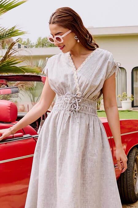 House Of Fett_Gray Linen Lace V-neck Chiara Dress_Online_at_Aza_Fashions