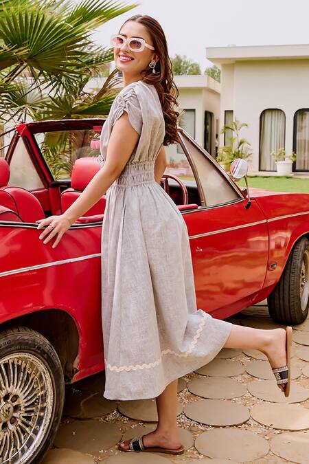 Buy_House Of Fett_Gray Linen Lace V-neck Chiara Dress_Online_at_Aza_Fashions