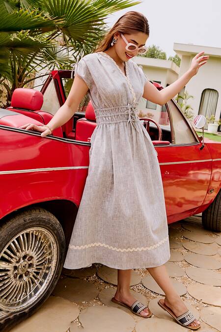 House Of Fett_Gray Linen Lace V-neck Chiara Dress_at_Aza_Fashions