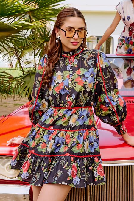 Shop_House Of Fett_Black Cotton Collared Floral Print Dress_Online_at_Aza_Fashions