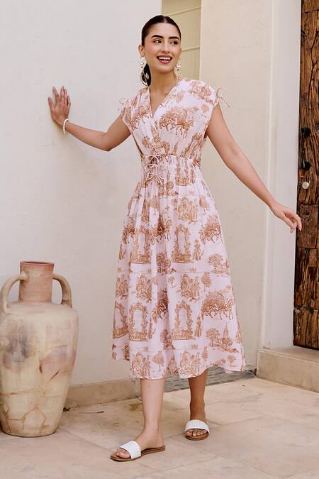 House Of Fett_Ivory Linen V-neck Lavenham Printed Dress _Online_at_Aza_Fashions