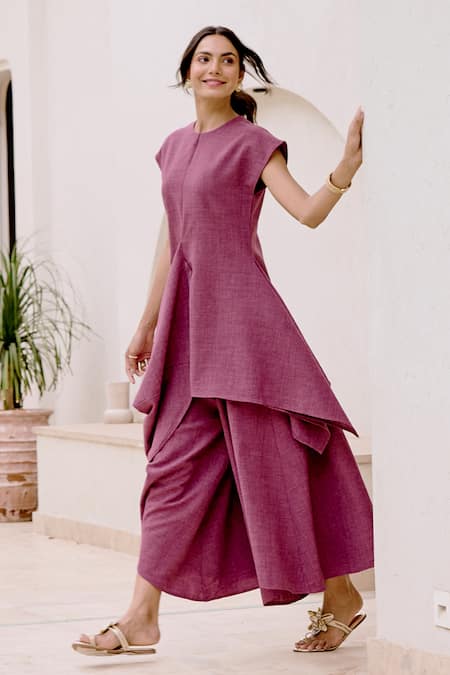 House Of Fett_Purple Cotton, Polyester Round Neck Lazuli Co-ord Pant Set _Online_at_Aza_Fashions