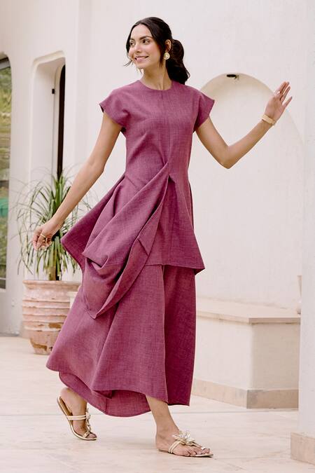 Shop_House Of Fett_Purple Cotton, Polyester Round Neck Lazuli Co-ord Pant Set _Online_at_Aza_Fashions