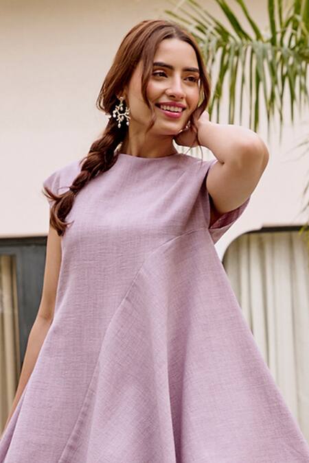 House Of Fett_Purple Cotton, Polyester Round Neck Light Asymmetric Co-ord Set _Online_at_Aza_Fashions