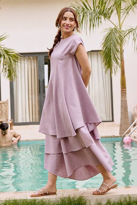 Buy_House Of Fett_Purple Cotton, Polyester Round Neck Light Asymmetric Co-ord Set _Online_at_Aza_Fashions