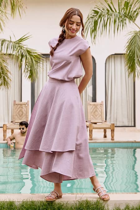 House Of Fett_Purple Cotton, Polyester Round Neck Light Asymmetric Co-ord Set _at_Aza_Fashions