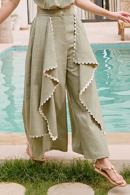 House Of Fett_Green Polyester, Cotton Ruffles Round Neck Mersin Novo Co-ord Set _Online_at_Aza_Fashions