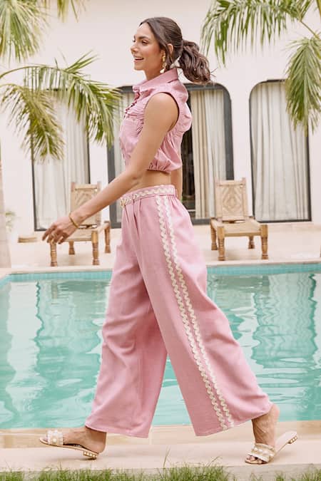 Shop_House Of Fett_Pink Linen Embroidery, Lace Collared Co-ord Pant Set _Online_at_Aza_Fashions